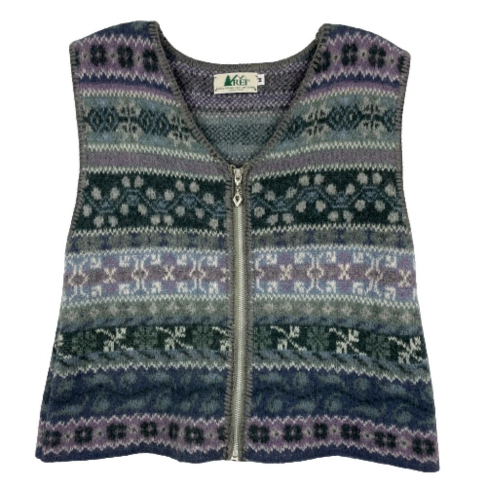 Vintage REI Vest Fair Isle Fair Isle V Neck Sleeveless Green Purple